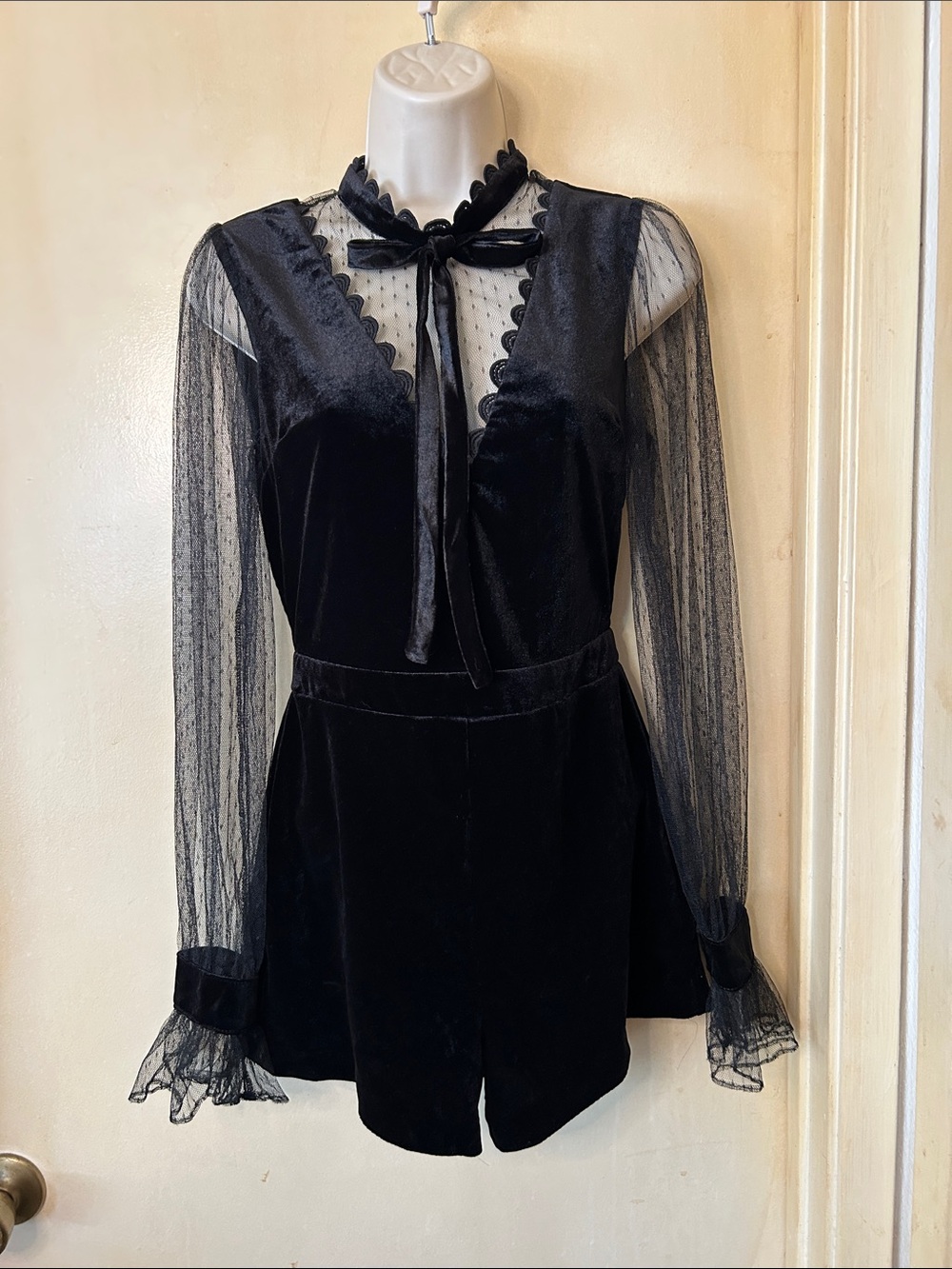 Endless Rose Black Velvet & Mesh Long-Sleeve Romper size XS